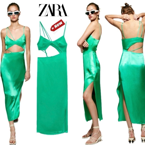 Zara Dresses & Skirts - Zara green satin effect asymmetrical strappy cut-out crisscross slit midi dress